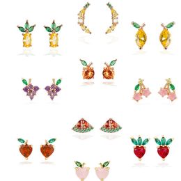wholesale thread earrings Canada - Cubic Zirconia Fruit Dinosaur Threaded Stud Earrings For Women Strawberry Grape Watermelon Copper 18k Gold Plated Girls Jewelry Gift