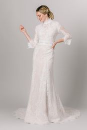 2021 Mermaid Soft Lace Modest Wedding Dress With Flared sleeves High Neck Boho LDS Sleeved Ivory Champagne Bride Custom Made
