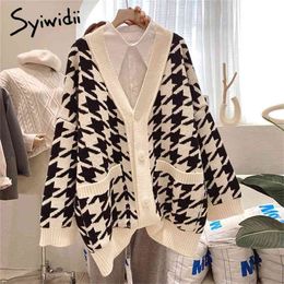 Syiwidii Sweater Oversized Cardigan Houndstooth Jacket V-Neck Autumn Winter Chic Knitted Loose Tops Warm Coat Purple 210914