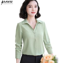 Fashion Women Autumn Fruit Green Shirt Long Sleeve Casual V Neck Chiffon Blouses Office Ladies Business Work Top 210604