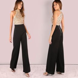sequined jumpsuits UK - Women's Jumpsuits & Rompers AHVIT Sequined Plaid Patchwork Sexy O Neck Sleeveless Off The Shoulder Party Romper Women Wide Leg YMK-A1930