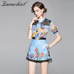 Ladies Chiffon Two Pieces Ribbon Bow Collar Beading Tassels Short Sleeve Blouse Shirts + Blue Flower Print Pocket Shorts Set 210416