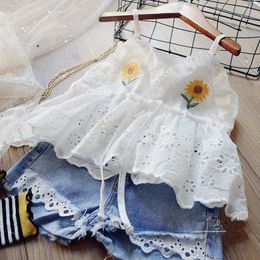 Kids Designers Clothes Embroidered Lace Sling T-Shirt+ Jeans 2pcs Sets Sleeveless Baby Girl Clothes Suit Boutique Clothing