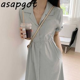 Dresses Chic Korean Summer Elegant Plus Size Short Sleeve Turn Down Collar Dress Women Lace Up Waist Minimalist Bandage 210610