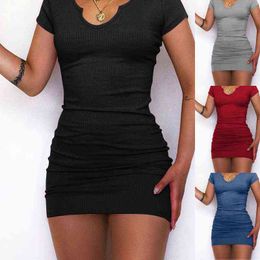 Bodycon Mini Dresses for Women Short Sleeve V Neck Dress Summer Sexy Ladies Night Club Wear Slim Dresses Plus Size Black 2022 Y1212
