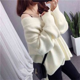 Round Neck Solid Colour Women's Sweater Long Loose Autumn And Winter Warm Sweet Pullover 210427