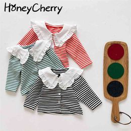 Spring Striped Children's Long Sleeve T-shirt Lace Collar Baby girls clothes 210702
