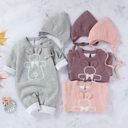 Autumn Winter Baby Boys Girls Little Bear Rompers + Hat Clothes Children Boy Girl Kids Knitting Long Sleeve Romper 210429