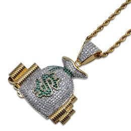 Money Bag Stack Cash Coins Pendant Necklaces Gold Iced Out Bling Cubic Zircon Necklace Men Hip Hop Jewellery