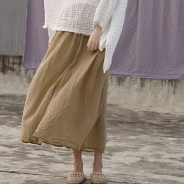 Johnature Women Khaki Cotton Linen Skirts Elastic Waist Spring Loose Vintage Women Casual A-Line Skirts 210521