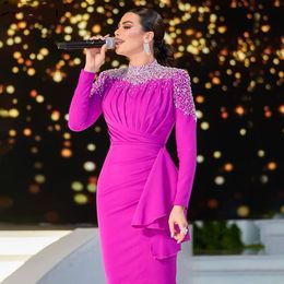 Muslim Fuschia Mermaid Evening Dresses High Neck 2021 Beading Beads Elegant Long Sleeves Formal Occasion Gowns Women Prom Party Wear