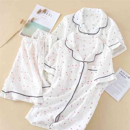 summer 100% pure cotton washed wrinkled gauze ladies short-sleeved shorts pajamas home set two piece plus size lingere 210809