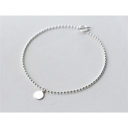 1pc 21cm 100% Real. 925 Sterling Silver Fine Jewelry Polished Coin Round Beads Chain Anklet Bracelet GTLS584