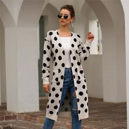 Women Sweaters Jacket Winter Knitted Cashmere Long Cardigan Sleeve White Warm Polka Dot Sweater 210428