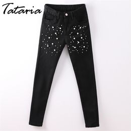 1Jeans With Pearls Faux Pearl Beading Black Jeans For Woman Casual Pocket Skinny Pencil Jean Denim PANT Pantalon Femme 210514