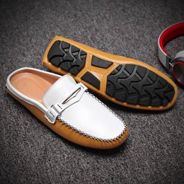 Man New Fashion Cow Split Casual Half Shoes Male Breathable Backless Loafer Half Shoes Hombre Open Back Leather Comfy Mocassins