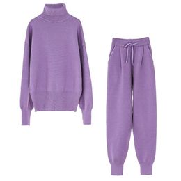 Women Knitted Sets Casual Tracksuits Two Piece Set Turtleneck Sweater High Waist Jogger Pants 210421