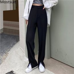 Black High Waist Splitting Suit Pants Trousers Women Full-length Office Ladies Solid Straight Femme 210513