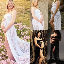 FOCUSNORM 2021 Pregnant Women Casual Lace Dress 2 Colors Maternity Strapless Maxi Gown Dress Photography Props Y0924