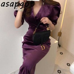 Dress Chic Korean Spring Pullovers Plus Size V Neck Puff Short Sleeve Purple Velvet Dress Women Slim Mid-length Sexy Fashion 210610