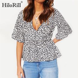 Deep V-Neck Summer Blouse Women Wrap Sexy Leopard Half Flare Sleeve Casual Shirt Loose Plus Size Tops Blusas 3XL 210508