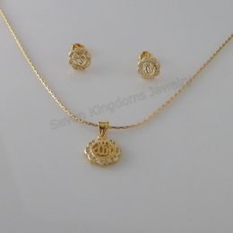Earrings & Necklace Min Order 10$ MUSLIM GOD MIDDLE EASTERN ARAB - YELLOW GOLD GP OVERLAY 18" EARRING SET CZ STONE FLOWER SHAPED