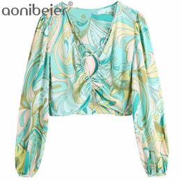 Cross Front Sexy Deep V Neck Summer Women Blouses Fashion Printed Long Sleeve Casual Crop Tops Female Pullovers 210604