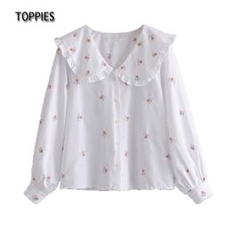 Toppies Sweet Floral Embroidered Blouses Tops Women Peter Pan Collar Vintage Tops Female Long Sleeve Button Shirts 210412