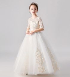 Sweet Ivory Jewel Sleeves Applique Girl's Pageant Flower Girl Dresses Princess Party Child Skirt Custom