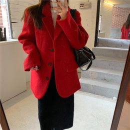 Office Lady Outerwear Woolen Warm Loose Chic Vintage Casual Women Blazers Jacket Streetwear Coats Long Sleeve 210421