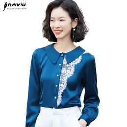 Blue Shirt Women Lace Design Spring Fashion Chiffon Long Sleeve Blouses Office Ladies Business Work Tops 210604