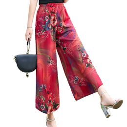 High Quality Women Fashion Elastic Summer Pants Floral Wide Leg Pants Vintage Loose Pants Print Female Plus Size Casual Mid Q0801