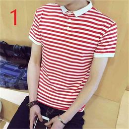 Summer small collar men's red and white horizontal stripes short-sleeved T-shirt trend lapel Korean 210420