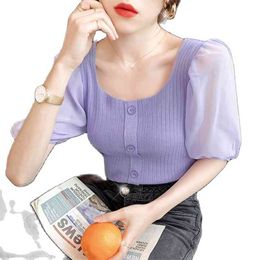 All-match ice silk chiffon puff sleeve sweater square neck short T-shirt women summer fashion women's clothing 210520
