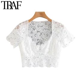 TRAF Women Sexy Fashion See Through Lace Cropped Blouses Vintage V Neck Short Sleeve Female Shirts Blusas Chic Tops 210415