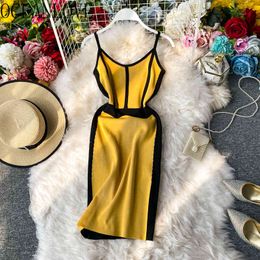 Sexy Bodycon Dress Striped Contrast Color Knitted Vestidos Summer High Waist Sleeveless Dresses Women 16704 210415