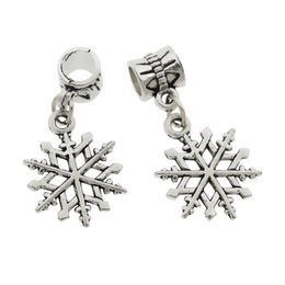 Alloy Sparse Christmas Snowflake Big Hole Beads 15.5x30mm Antique Silver Dangle Fit European Charm Bracelets Jewelry DIY B790 100pcs/lot