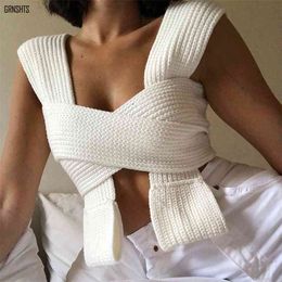 Sleeveless Knitted Crop Sweater Sexy Summer Fashion Vest Black Casual White Jumper Bandage Top Female Pullover Y2KStreetwear 210806