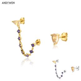 ANDYWEN 925 Sterling Silver Gold Chain Purple Zircon Stud Earring Rock Punk Luxury Fashion Jewellery Piercing Ohrringe 210608