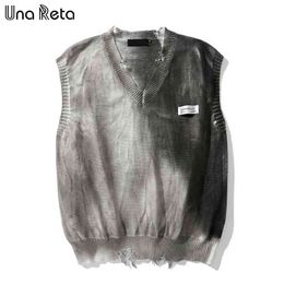 Una Reta Tie Dye Sweater Vest Men Streetwear Men's Vests V Neck Pullover Men Sleeveless Sweater Hole Men's Sweater 210809