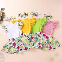 Summer Children Sets Casual Sleeveless Solid Tops Print Floral Skirt 2Pcs Girls Boys Clothes Set 0-2T 210629
