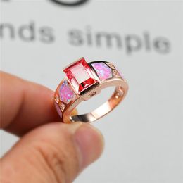 Wedding Rings Creative Pink Yellow Square Zircon Ring Elegant Fire Opal Engagement For Women Vintage Fashion Rose Gold