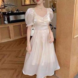 Sweet Puff Sleeve O Neck Party Dress French Summer Chiffon Women A Line Solid Princess Long Vestidos 14186 210427