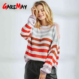 Oversized Rainbow Sweater Batwing Knitted Pullover For Women Knit s Colorful Striped Jumper Woman Long Sleeves 210428