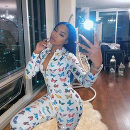 Women's Jumpsuits & Rompers Chic Colourful Butterfly Print Sexy Long Sleeve Bodycon Women 2021 Zipper Neck Club Outfits One Piece Cool Girl