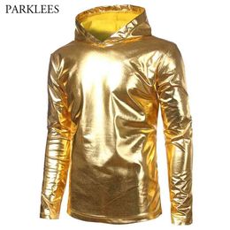 Shiny Gold Coated Metallic Thin Hoodie Sweatshirt Fashion Nightclub Wear Hoodies Sweatshirts Men Women Hip Hop Hoody Tops 210813