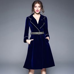 Brand Winter Runway Jacket Women's Luxury Velvet Office Lady Notched Long Sleeve Midi Dress With Sashes Brooch Detail 210416