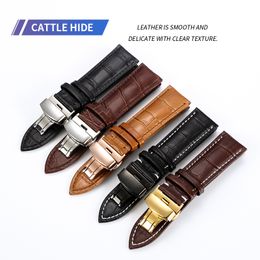 The first layer leather calfskin strap stainless steel butterfly buckle black dark brown men and women fashion simple 12mm 14mm 16mm 18mm 20mm 22mm 24mmWatch Bands