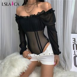Autumn and winter sexy strapless black perspective mesh stitching word collar women's long-sleeved wild slim wooden ear onesies 210520