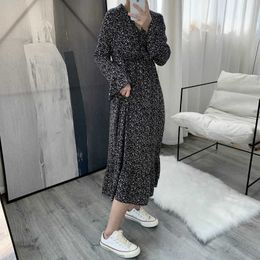 Spring Floral-Print Loose Dress Korean-style V-neck High-waisted Over-the-Knee Long 210607